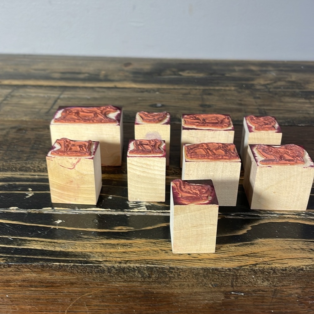 Rubber stamp collection animals horse dogs pig goat rooster chicken cow 9 in box - Picture 6 of 17